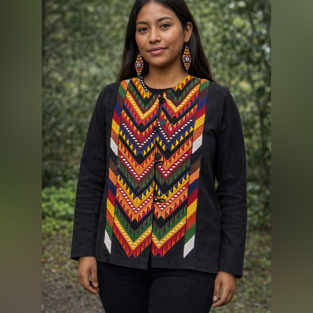 Catalina’s Black Jacket with Colorful Chevron Embroidered Front